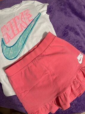 Nike White Tee with Turquoise Swoosh & Pink Ruffle Skort set